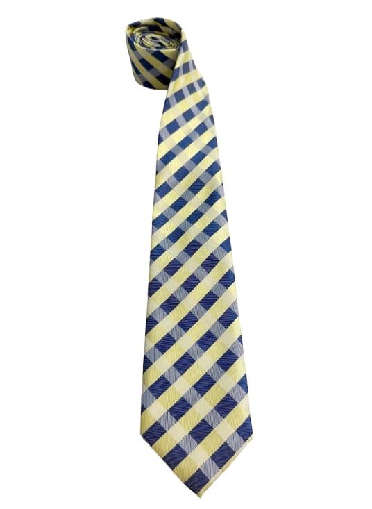 Unbranded Other - Men’s 100% Silk Tie Yellow Navy Blue Plaid Check Hand Made Classic Necktie